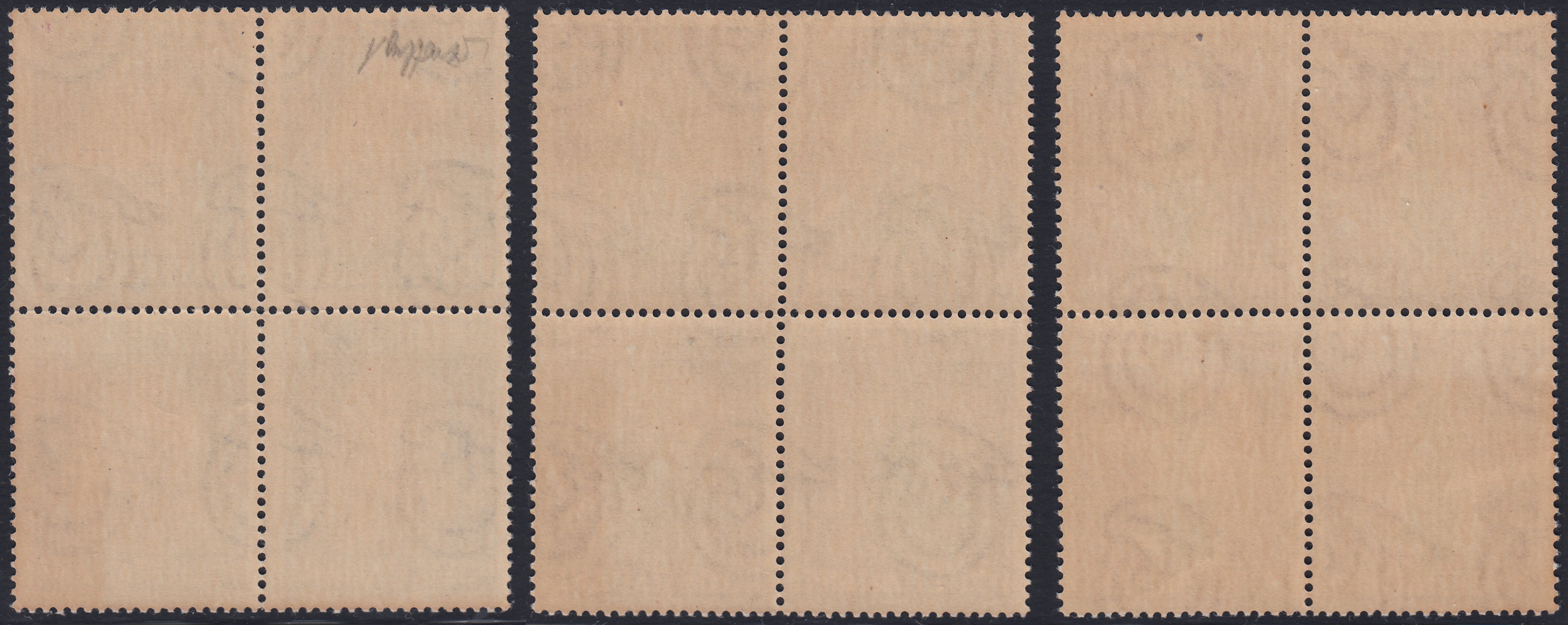 REP65 - 1950 - Winged wheel watermark, Tobacco, complete set of three values ​​in beautiful new sets of blocks, intact rubber (629/31)