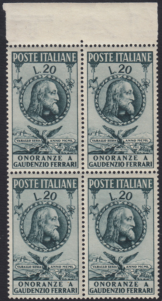 REP69 - 1950 - Winged wheel watermark, Honors to Gaudenzio Ferrari, L. 20 green gray in four sets of new, intact rubber (622)