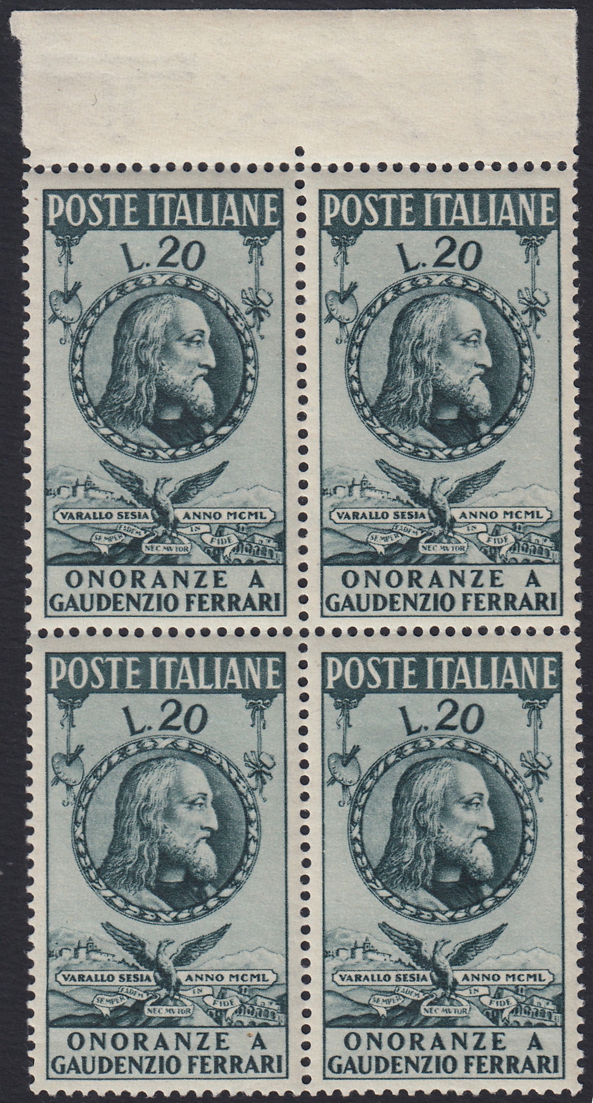 REP69 - 1950 - Winged wheel watermark, Honors to Gaudenzio Ferrari, L. 20 green gray in four sets of new, intact rubber (622)