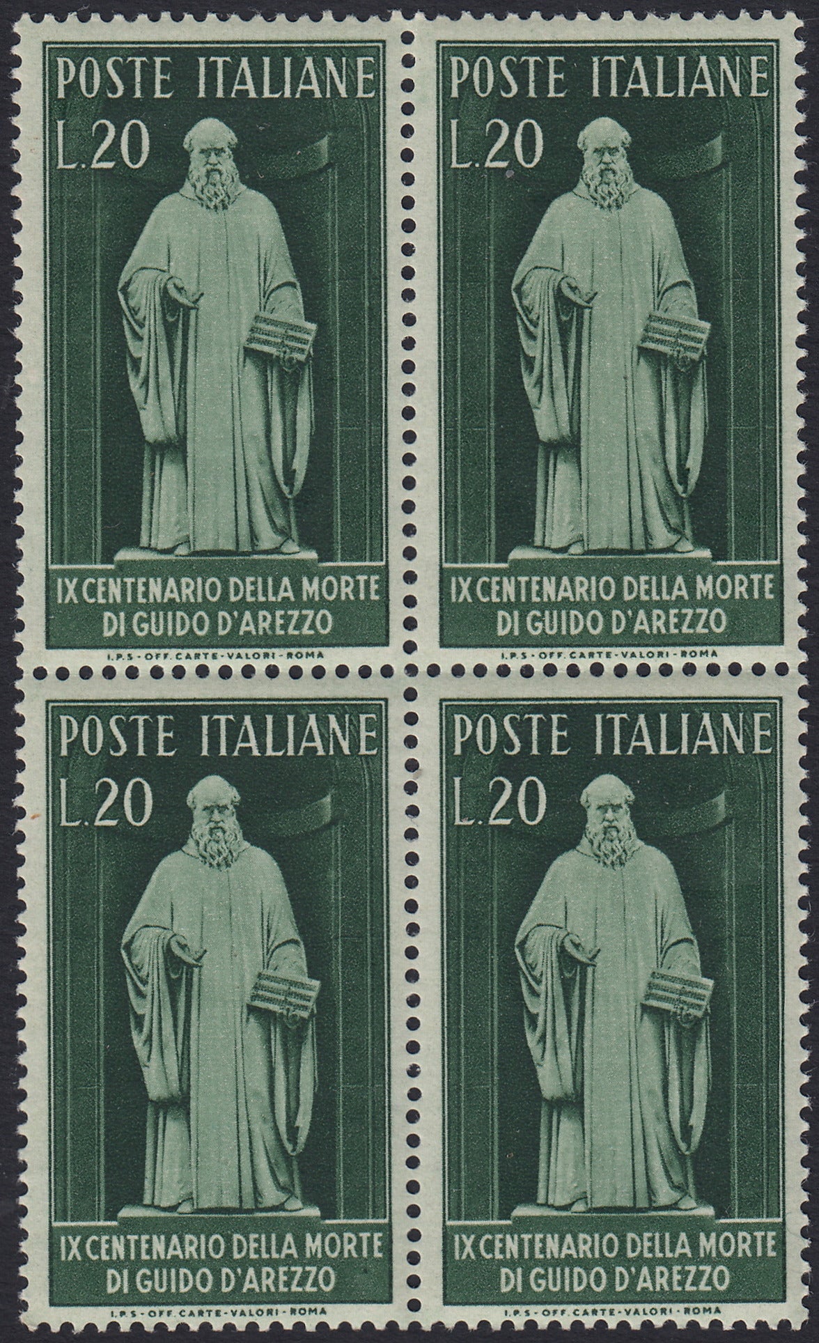 REP70 - 1950 - Winged wheel watermark, Guido d'Arezzo, L. 20 dark green in block of new, intact rubber (626)