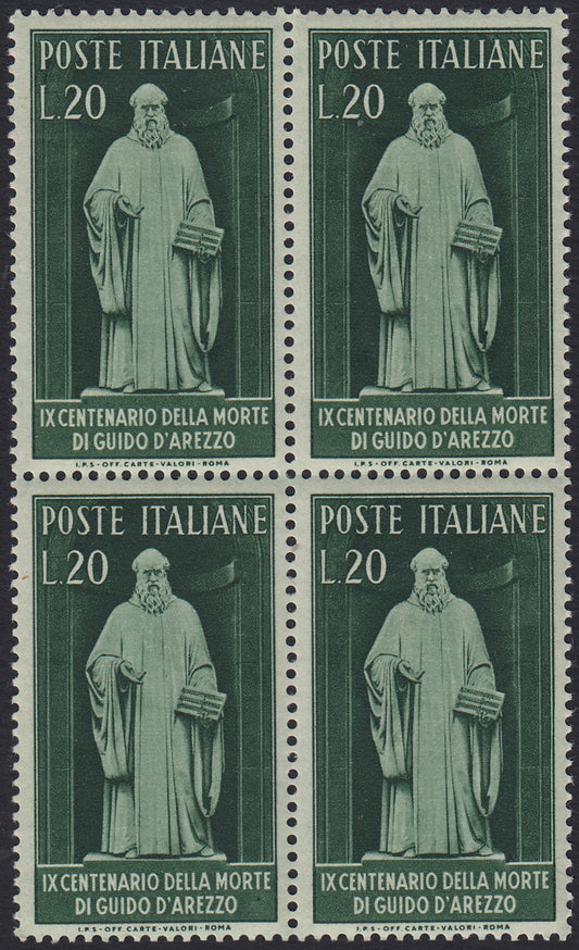 REP70 -  1950  - Filigrana ruota alata, Guido d'Arezzo, L. 20 verde scuro in quartina nuova gomma integra (626)