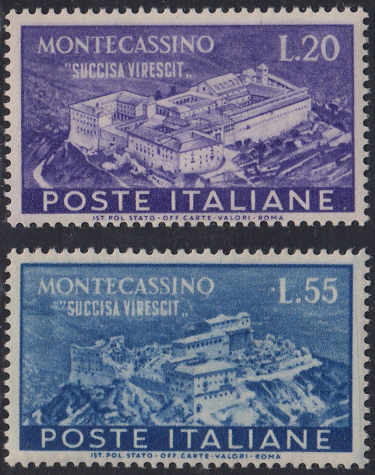 Rep82 - 1951 - Filigrana ruota alata - Ricostruzione della Abbazia di Montecassino nuovi con gomma integra (664 665)