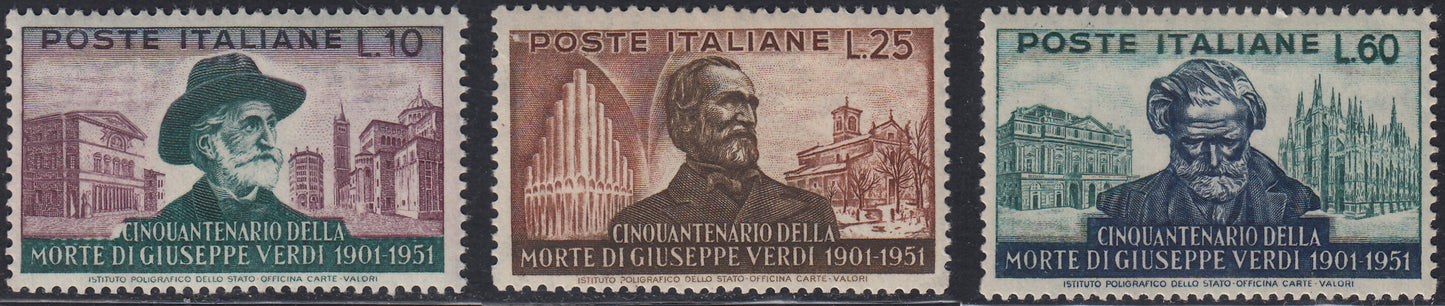 Rep99 - 1951 - Filigrana ruota alata - Cinquantenario della morte di Giuseppe Verdi nuovi con gomma integra (677/679)