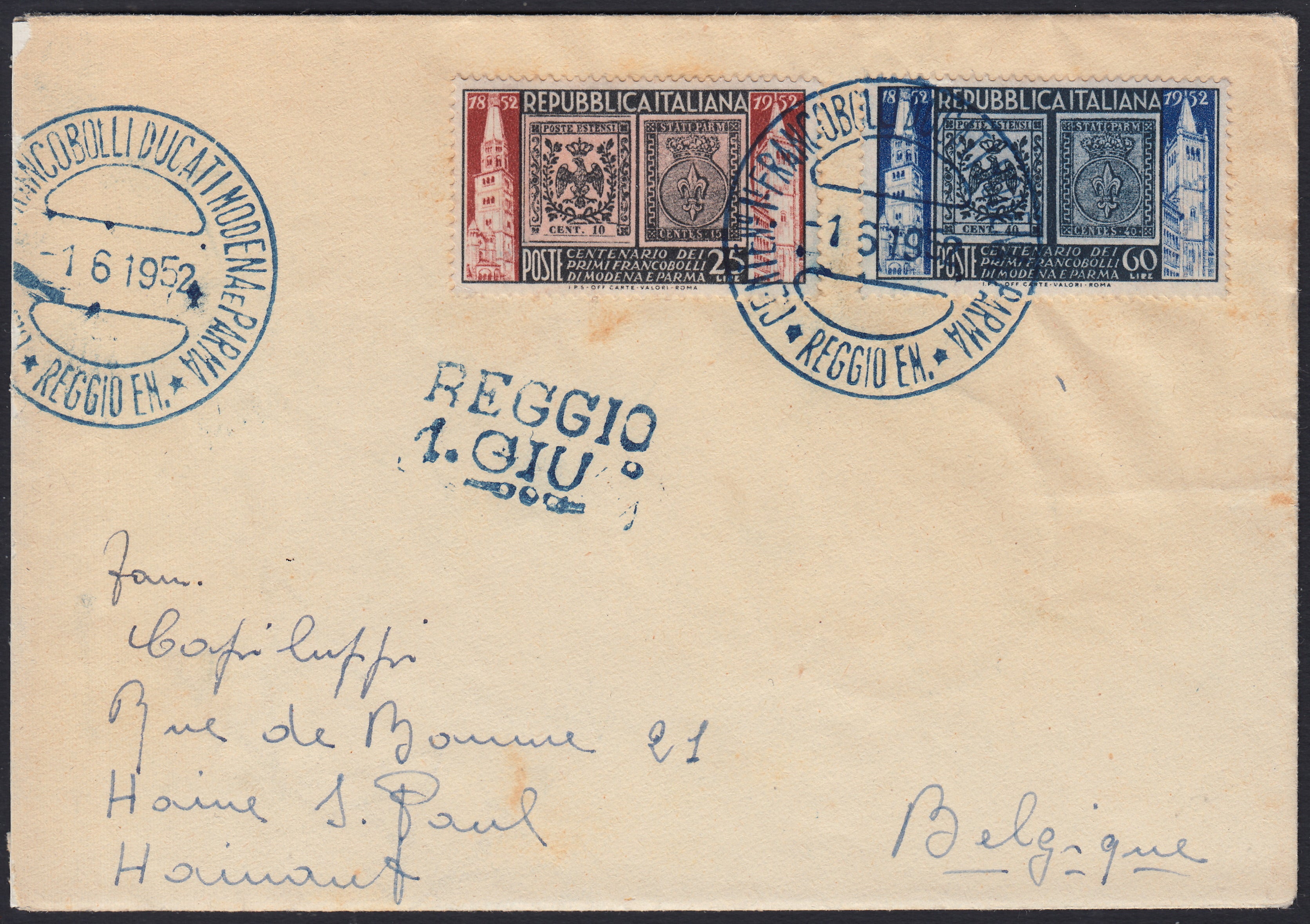 REPSP12 - 1952 - Venemario del primo francobollo del Ducato di Modena, serie su lettera diretta in Belgio con annullo commemorativo dedicato (689, 690)
