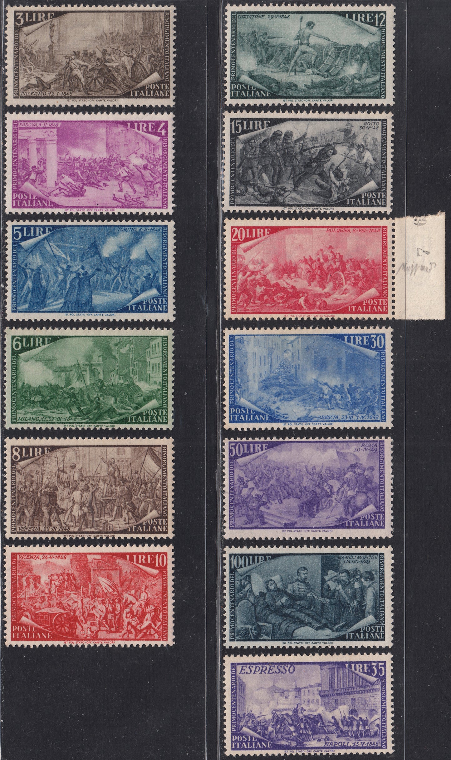 Rep145 - 1948 - Centenario del Risorgimento, serie completa di 12 valori di Posta Ordinaria + l'Espresso, nuova gomma integra (580/591 + E32)