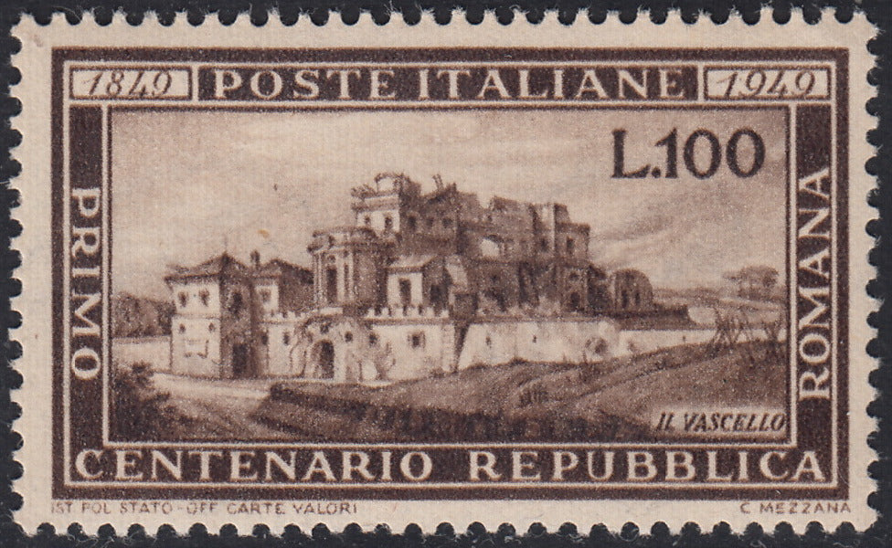 REP154 - 1949 - Centenario della Repubblica Romana, 100 lire bruno nuovo con gomma integra. (600)