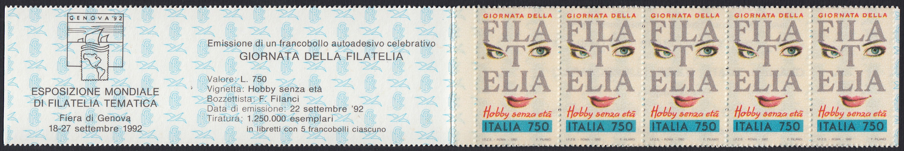 REP189 - 1992 - Giornata della Filatelia, libretto da 5 esemplari da L. 750 nuovo perfetto (L15)
