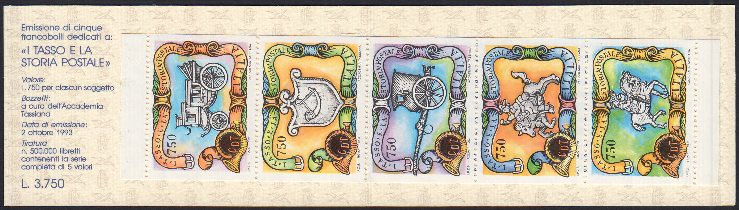 REP191 - 1993 - I Tasso e la Storia Postale, libretto contenente 5 esemplari da L. 750 nuovo perfetto (L16)