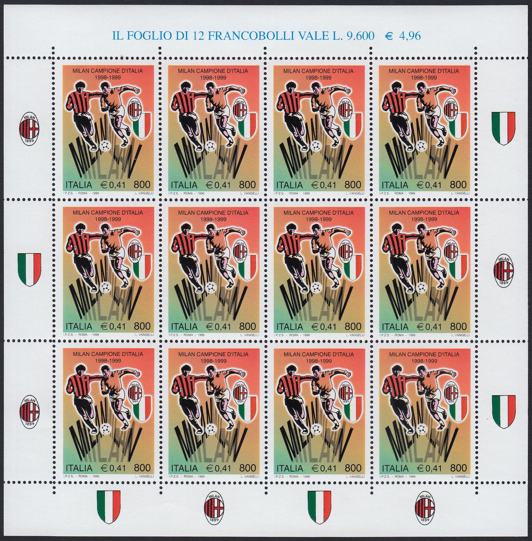 REP192 - 1999 - MILAN campione d'Italia, minifoglio da 16 esemplari con appendici nuovo gomma integra (1)
