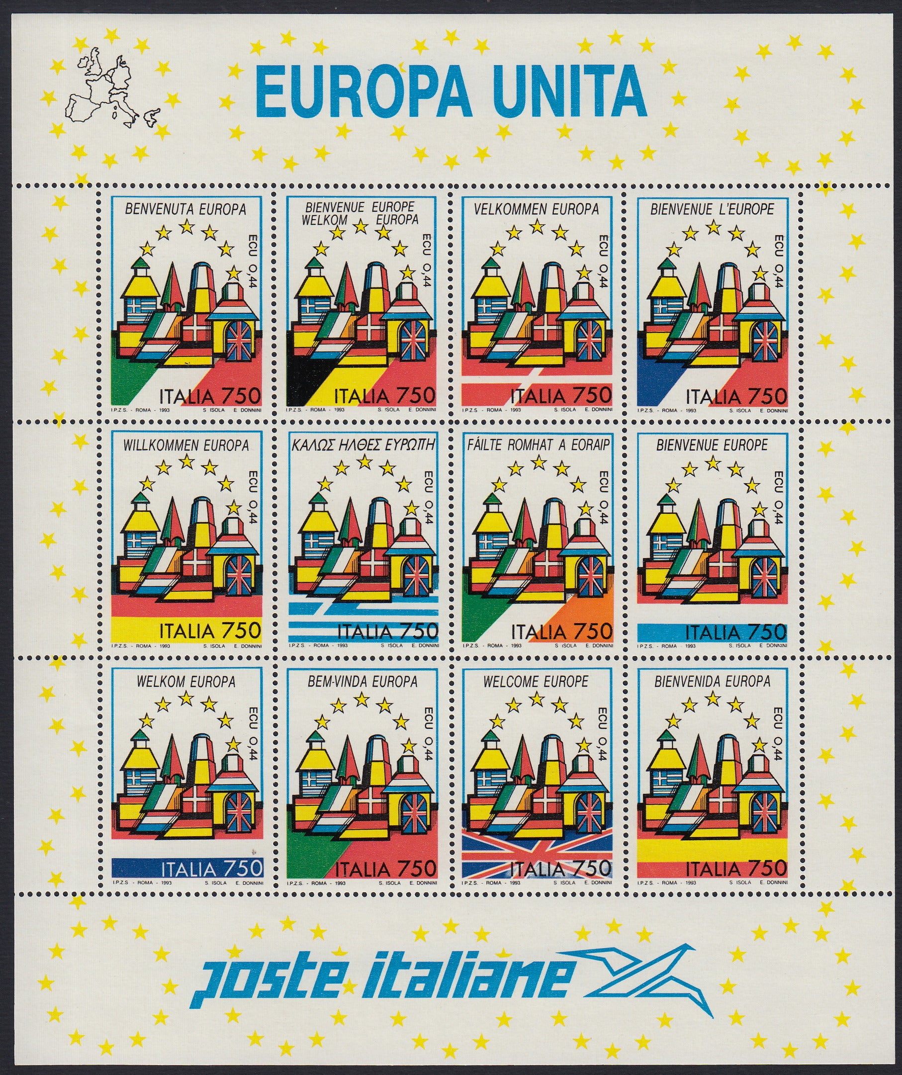 REP193 - 1993 - EUROPA UNITA, minifoglio di 12 esemplari con l diverse bandiere d'Europa nuovo gomma integra (F16)