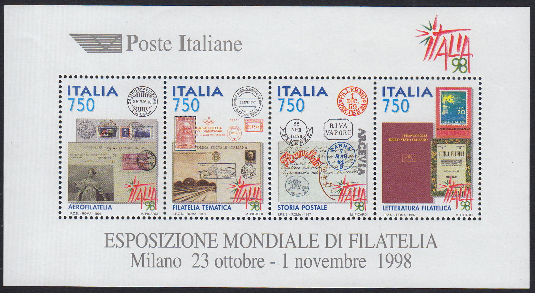 REP194 - 1998 - Esposizione mondiale di filatelia "Italia 98", minifoglio d 5 esemplari nuovo gomma integra (F19)