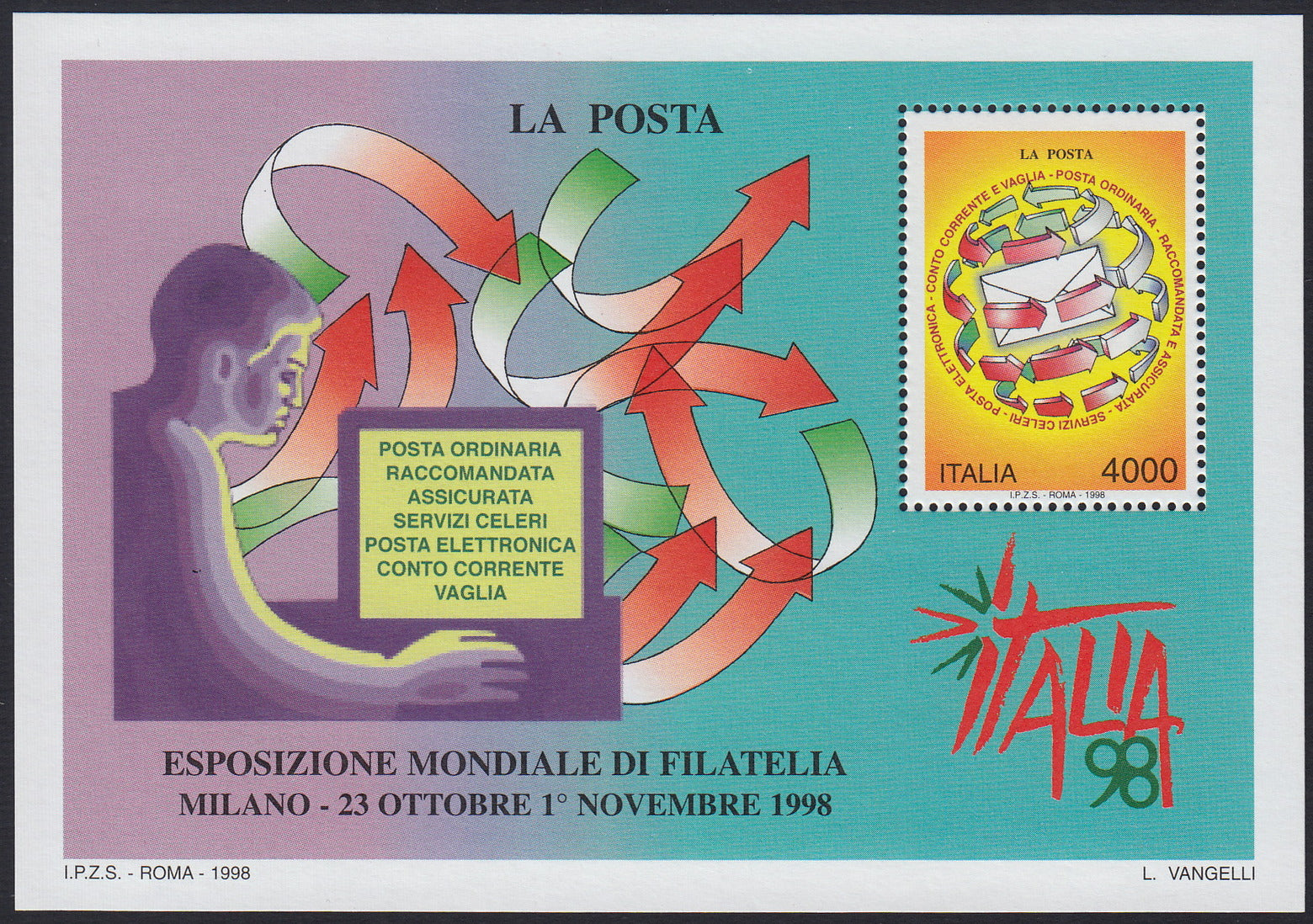 REP194 - 1996 - Esposizione mondiale di filatelia "Italia 98", "LA OSTA" foglietto da L. 4000 nuovo gomma integra (F21)