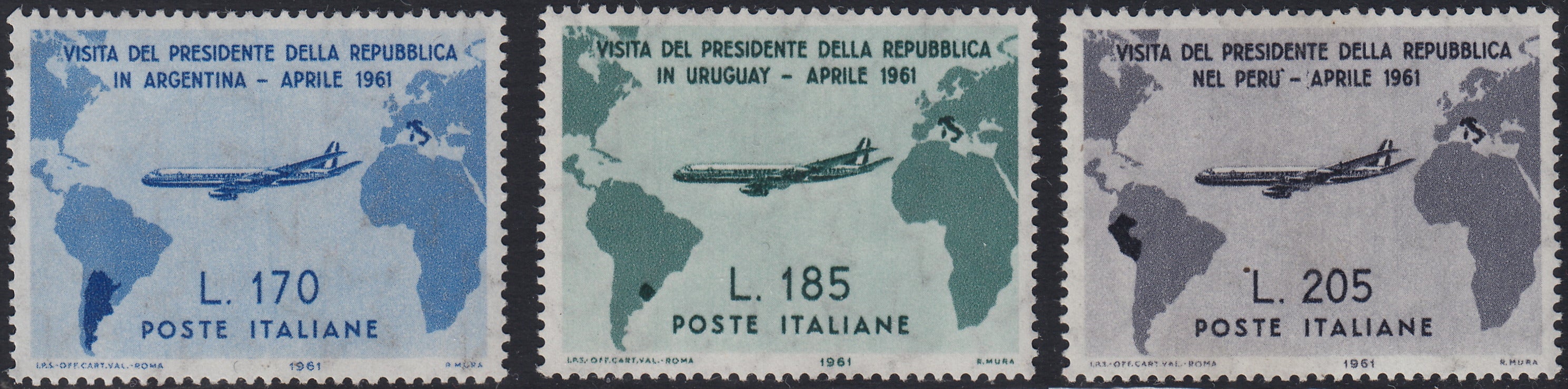 REP200 - 1961 - Visita del Presidente Gronchi nell'America Latina, serie di tre valori nuovi con gomma (918/920)