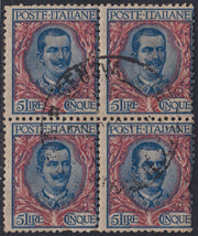 RM10_100 - 1901 - Floreale, L. 5 azzuro e rosa blocco di quattro esemplari usato (78)