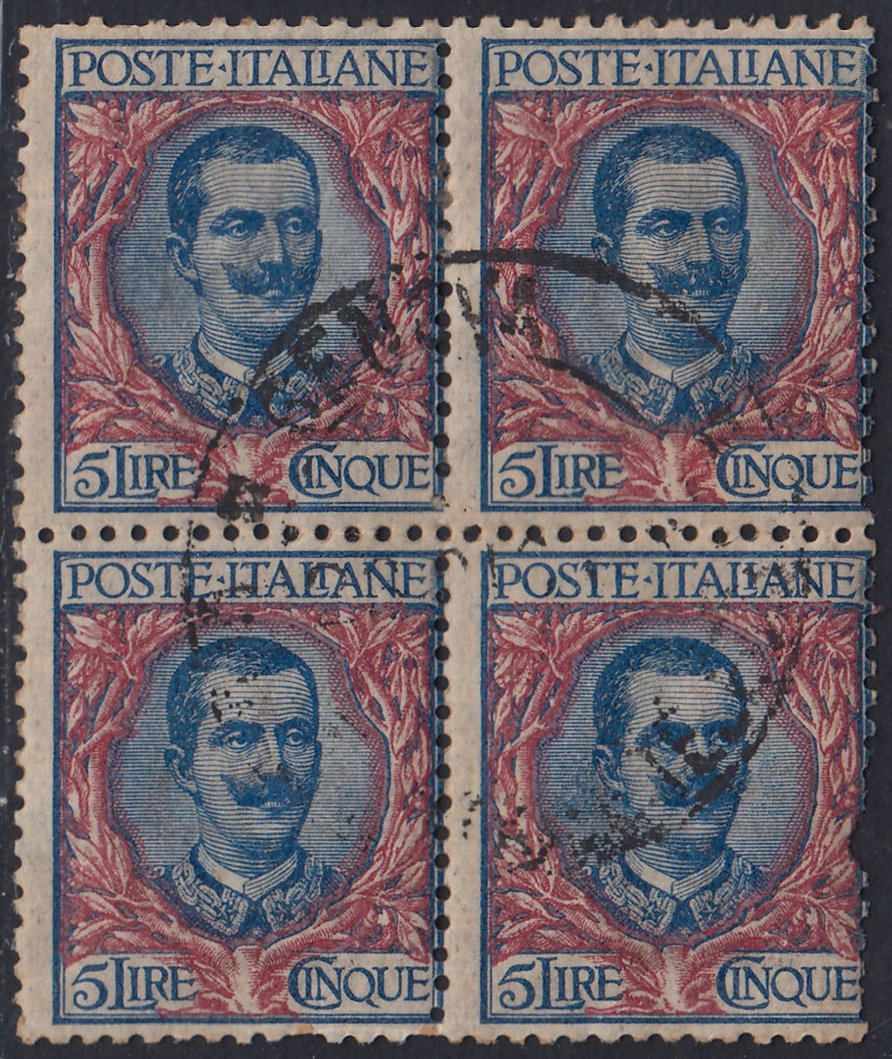 RM10_100 - 1901 - Floreale, L. 5 azzuro e rosa blocco di quattro esemplari usato (78)