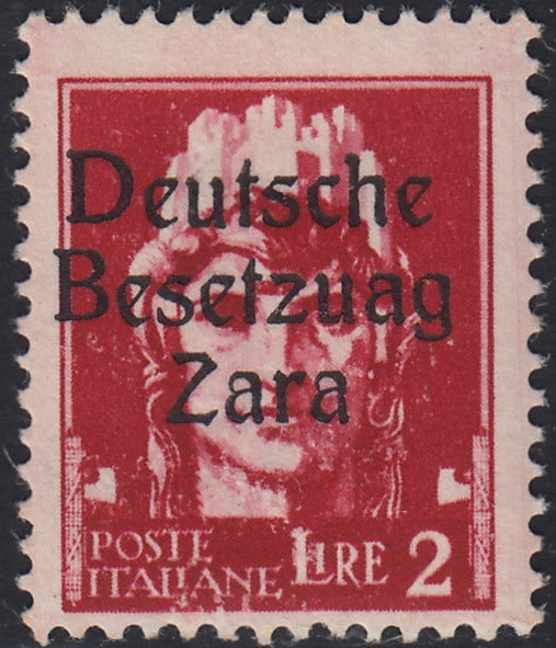 RM10_11 - 1943 - Occupazione tedesca di Zara, L. 2 carminio soprastampato "Deutsche BesetzuAg Zara" nuovo con gomma originale (12a)
