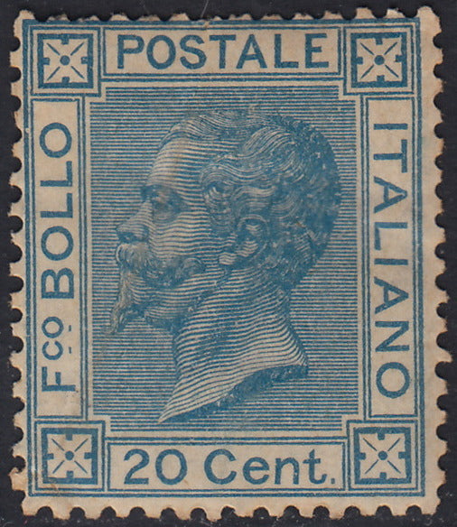 RM10_122 - 1867 - Emissione su disegni di Luigi Bigola, c. 20 azzurro tiratura di Torino nuovo con gomma originale (T26).