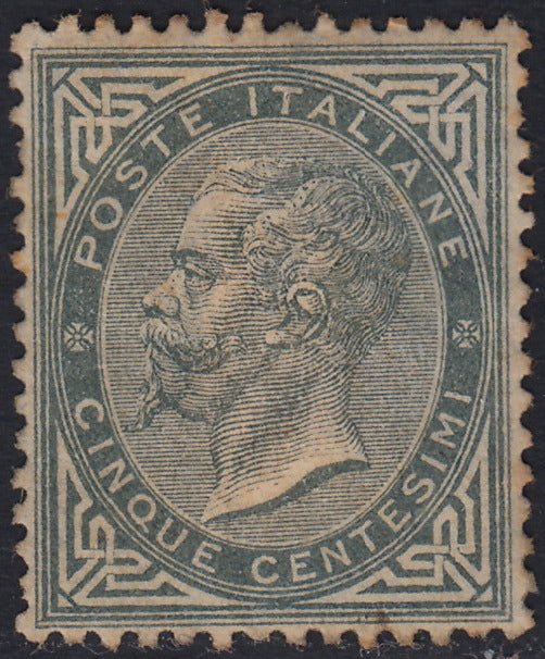 RM10_125 - 1863 - Emissione De La Rue tiratura di Londra, c. 5 grigio verde nuovo con gomma originale (L16).