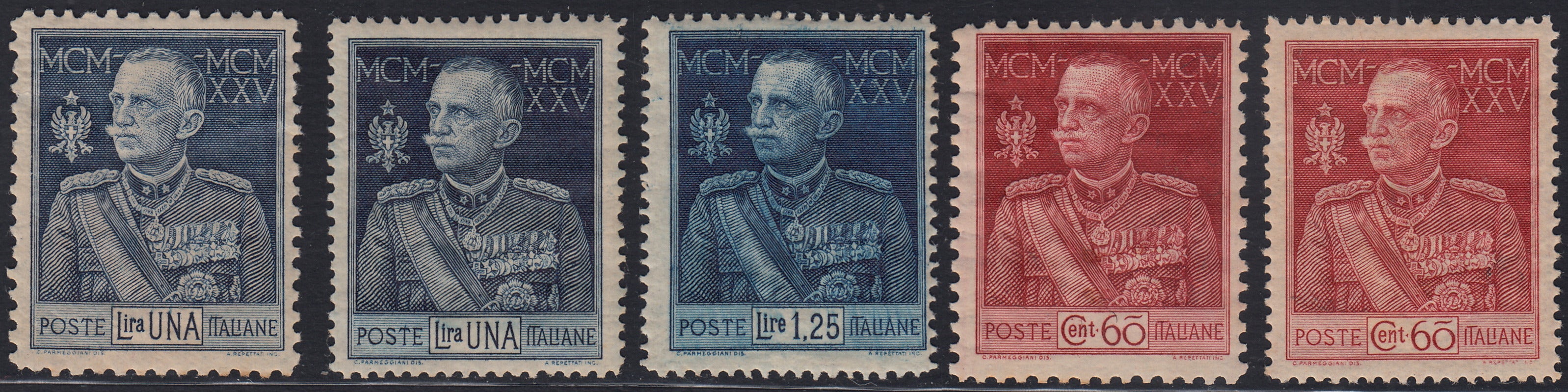 RM10_127 - 1925/26 - Giubileo del Re, le serie con le due diverse dentellature (13 1/2 e 11) senza il n. 191, nuove con gomma originale (186/190)
