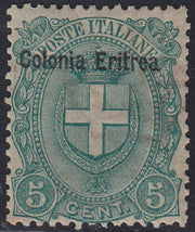 RM10_128 - 1895/99 - Eritrea, Umberto I Scudetti c. 5 verde soprastampato "Colonia Eritrea" nuovo con gomma (14)