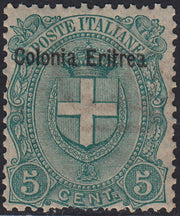 RM10_129 - 1895/99 - Eritrea, Umberto I Scudetti c. 5 verde soprastampato "Colonia Eritrea" nuovo con gomma (14)