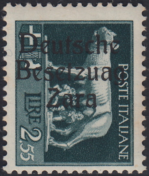 RM10_12 - 1943 - Occupazione tedesca di Zara, L. 2,55 verde grigio soprastampato "Deutsche BesetzuAg Zara" nuovo con gomma integra (13a)