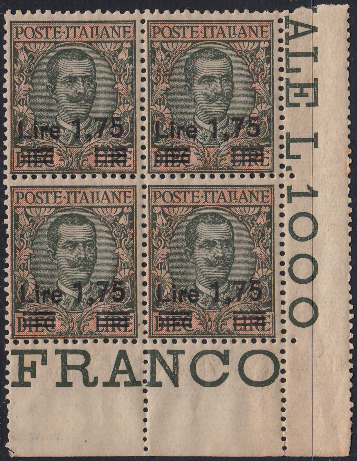 RM10_130 - 1924 - Floreale, L. 1,75 su L. 10 oliva e rosa blocco di quattro esemplari nuovo con gomma integra (182)