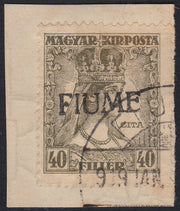 RM10_136 - 1918 - Carlo e Zita di Ungheria, 40 filler verde oliva con soprastampa a mano del I tipo usato su frammento (26/I)