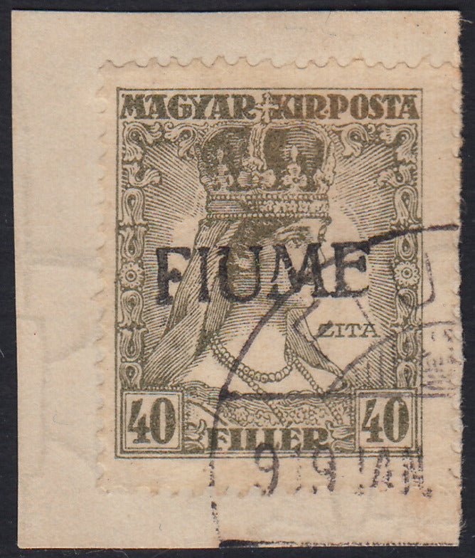 RM10_136 - 1918 - Carlo e Zita di Ungheria, 40 filler verde oliva con soprastampa a mano del I tipo usato su frammento (26/I)