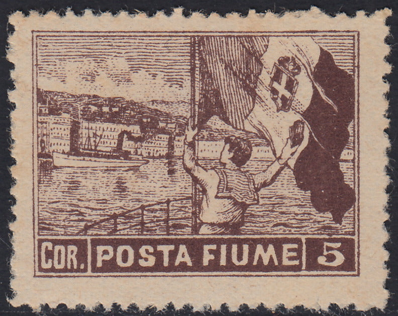 Fiume137 - 1919 - Allegorie, tassello "Posta Fiume", 5 corone bruno dentellatura 12 1/4 x 13 1/4 nuovo con gomma integra (61/II)