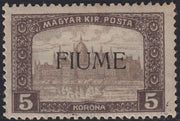 RM10_139 - 1918 - Parlamento di Ungheria, 5 korona bruno e bruno chiaro con soprastampa FIUME a macchina nuovo con gomma originale (20)