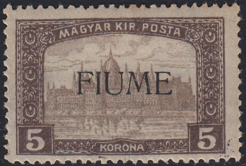 RM10_139 - 1918 - Parlamento di Ungheria, 5 korona bruno e bruno chiaro con soprastampa FIUME a macchina nuovo con gomma originale (20)