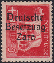 RM10_13 - 1943 - Occupazione tedesca di Zara, L. 5 rosso soprastampato "Deutsche BesetzuAg Zara" nuovo con gomma integra (15a)
