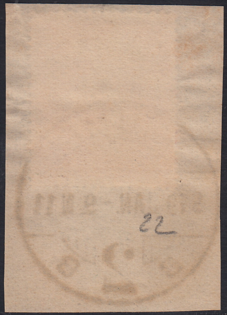 RM10_141 - 1918 - Mietitori di Ungheria, 10 filler carminio CIFRE BIANCHE soprastampa FIUME a macchina usato su frammento (22)