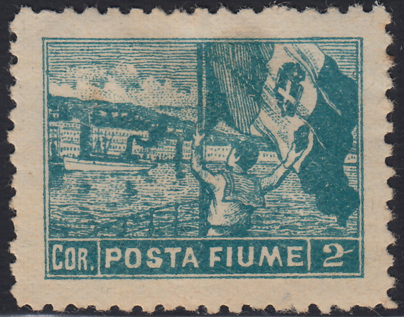 RM10_142 - 1919 - Allegorie, tassello "Posta Fiume", 2 corone azzurro dentellatura 11 1/2 nuovo con gomma integra (59)