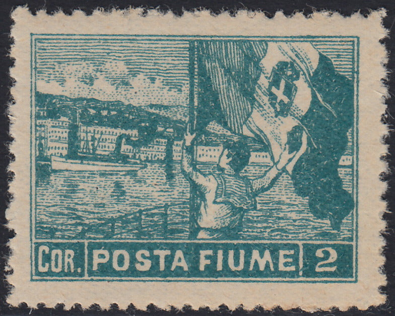 RM10_143 - 1919 - Allegorie, tassello "Posta Fiume", 2 corone azzurro dentellatura 12 1/4 x 13 1/4 nuovo con gomma originale (59/II)