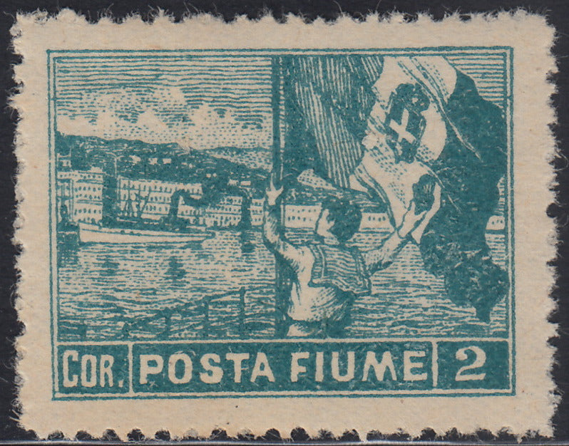 RM10_144 - 1919 - Allegorie, tassello "Posta Fiume", 2 corone azzurro dentellatura 12 1/4 x 13 1/4 nuovo con gomma integra (59/II)