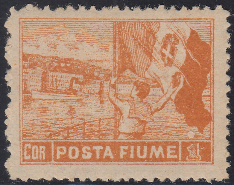 RM10_145 - 1919 - Allegorie, tassello "Posta Fiume", 1 corona bruno arancio dentellatura 12 1/4 x 13 1/4 nuovo con gomma originale (58/II)