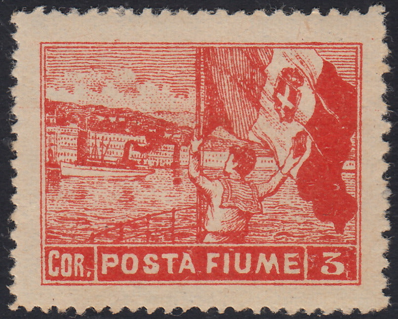 RM10_146 - 1919 - Allegorie, tassello "Posta Fiume", 3 corona vermiglio dentellatura 12 1/4 x 13 1/4 nuovo con gomma originale (60/II)