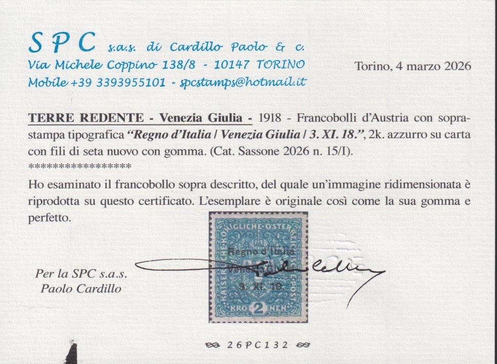 RM10_148 - 1918 - Francobollo d'Austria 2 Korone azzurro con soprastampa "Regno d'Italia / Venezia Giulia / 3.XI.18." e stampato su carta con fili di seta nuovo con gomma originale (15/I)