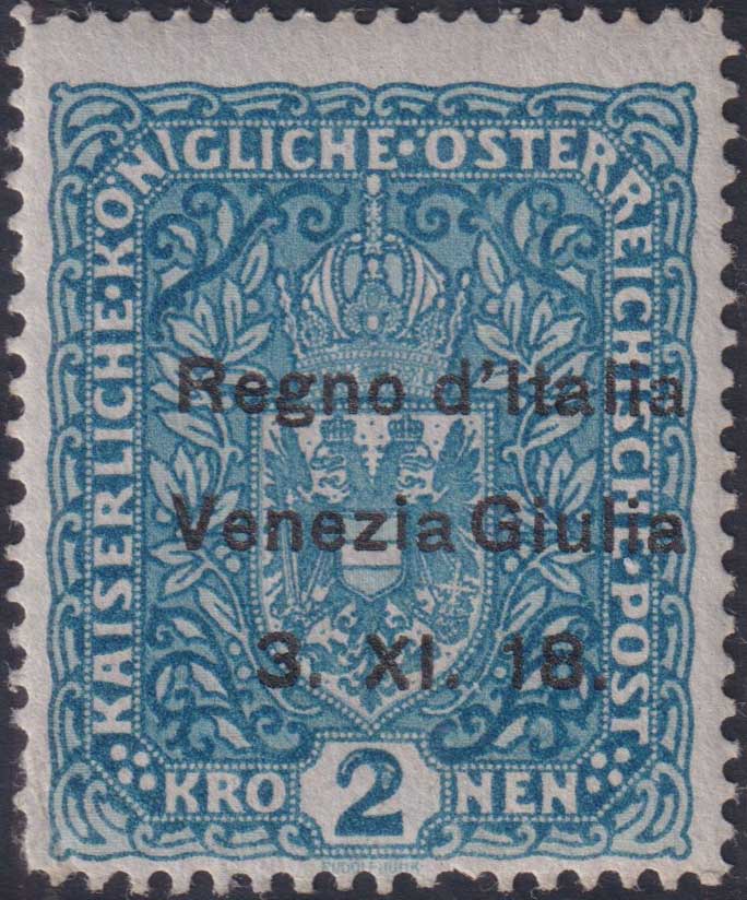 RM10_149 - 1918 - Francobollo d'Austria 2 Korone azzurro con soprastampa "Regno d'Italia / Venezia Giulia / 3.XI.18." nuovo con gomma originale (15)