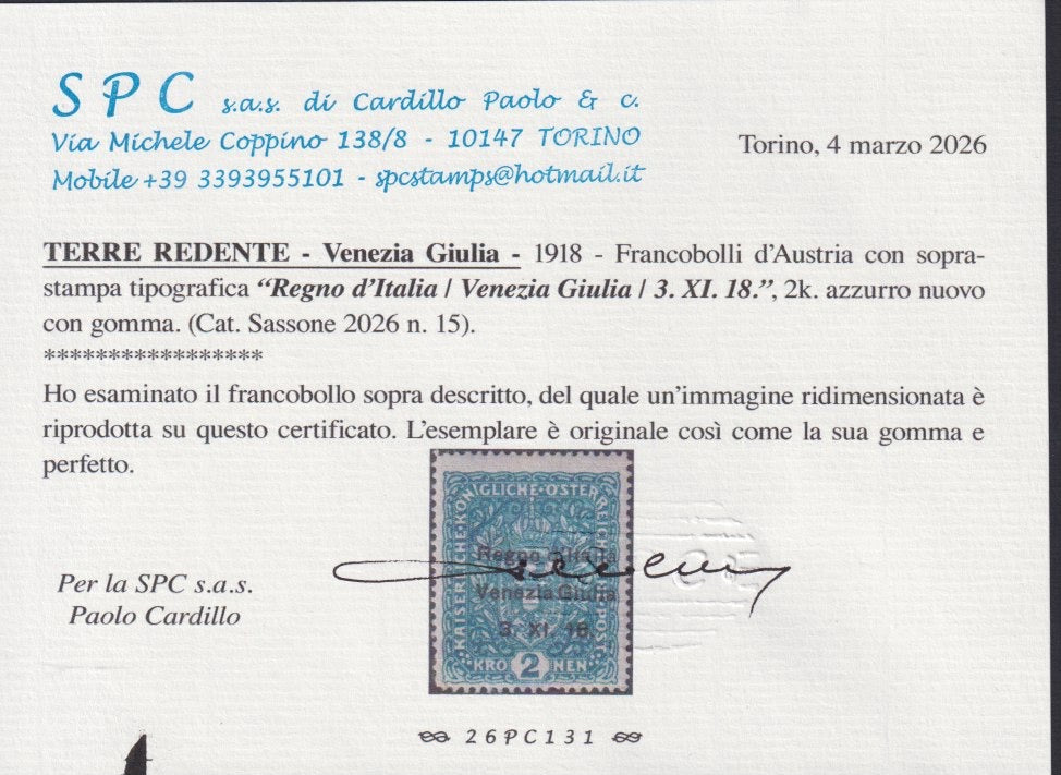 RM10_149 - 1918 - Francobollo d'Austria 2 Korone azzurro con soprastampa "Regno d'Italia / Venezia Giulia / 3.XI.18." nuovo con gomma originale (15)