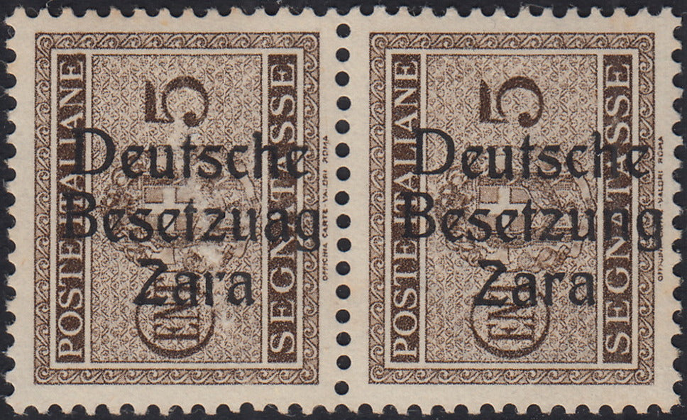 RM10_14 - 1943 - Occupazione tedesca di Zara, Segnatasse c. 5 bruno soprastampato "Deutsche BesetzuAg Zara" in coppia con esemplare normale nuovo con gomma integra (1+1a)
