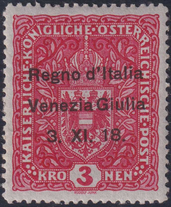 RM10_150 - 1918 - Francobollo d'Austria 3 Korone rosa carminio con soprastampa "Regno d'Italia / Venezia Giulia / 3.XI.18." su carta senza fili di seta nuovo con gomma originale (16/I)