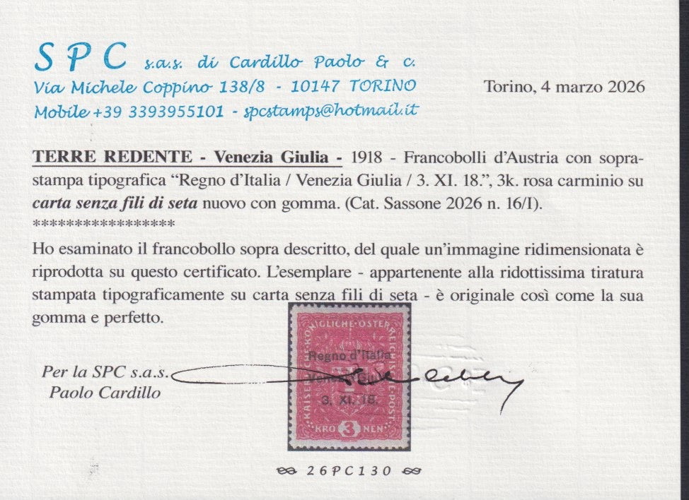 RM10_150 - 1918 - Francobollo d'Austria 3 Korone rosa carminio con soprastampa "Regno d'Italia / Venezia Giulia / 3.XI.18." su carta senza fili di seta nuovo con gomma originale (16/I)