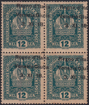 RM10_151 - 1918 - Francobollo d'Austria 12 heller verde azzurro con soprastampa fortemente spostata a destra "Venezia Giulia" + obliqua quartina nuova con gomma originale (5lgcc+5gd)