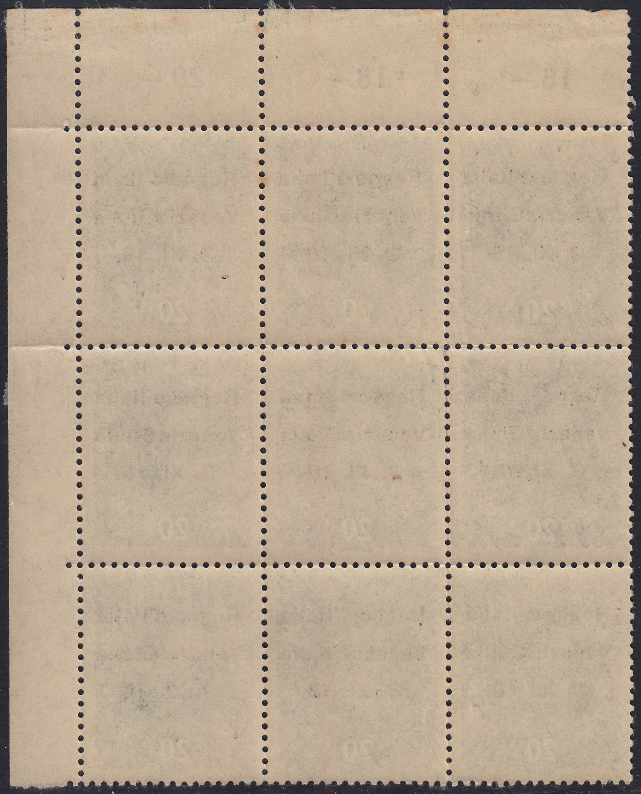 RM10_152 - 1918 - Francobollo d'Austria 20 heller verde scuro blocco di nove esemplari con soprastampa "Venezia Giulia" nuovo con gomma integra (7 + 7l)