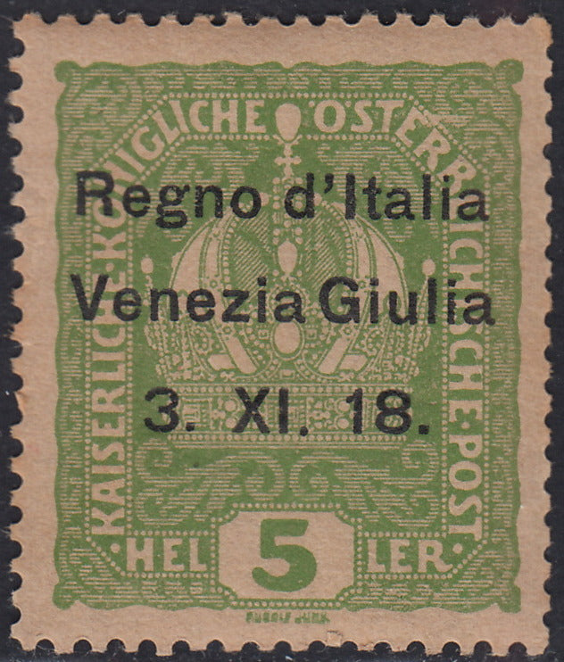 RM10_153 - 1918 - Francobollo d'Austria 5 heller verde giallo soprastampato "Venezia Giulia" nuovo con gomma originale (2)