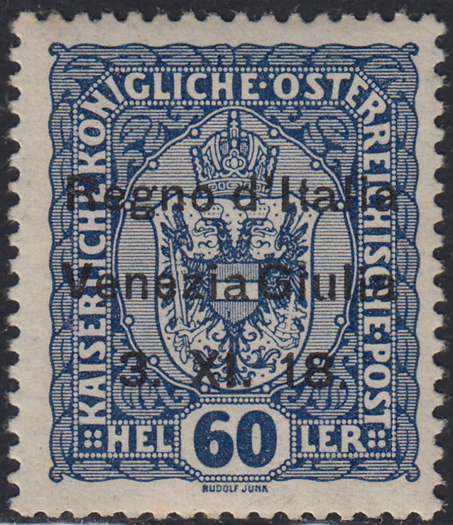 RM10_154 - 1918 - Francobollo d'Austria 60 heller cobalto scuro soprastampato "Venezia Giulia" nuovo con gomma originale (12)