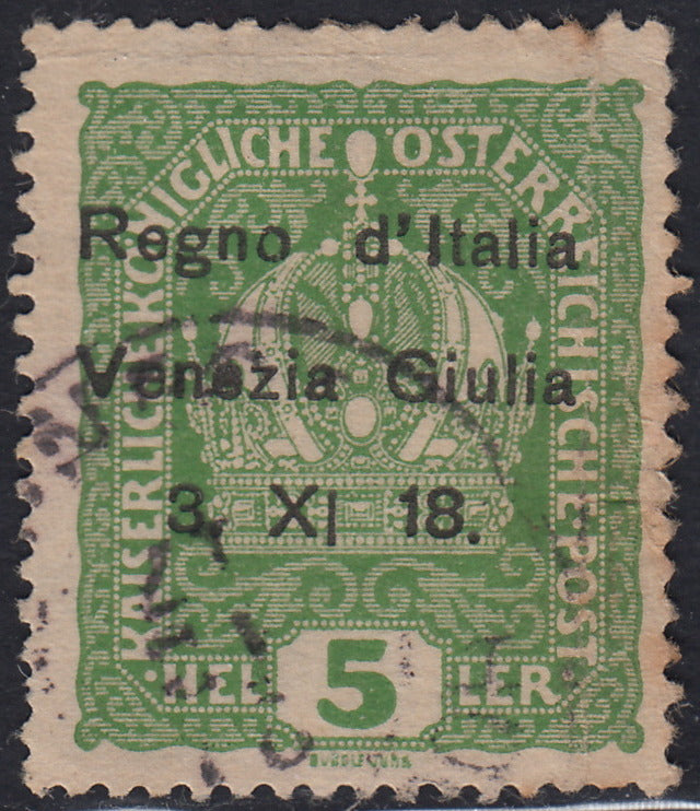 RM10_155 - 1918 - Francobolli d'Austria con soprastampa "Venezia Giulia" 5 heller verde giallo usato (2)